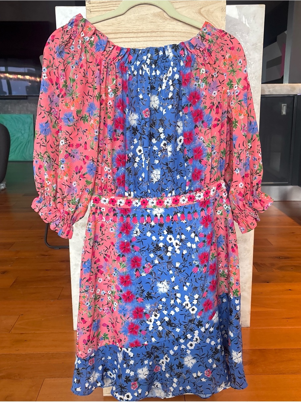 SALONI Coral Pink and Royal Blue Floral Off-Shoulder Dress